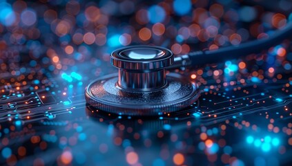 A stethoscope and digital medical equipment on an abstract background with blue technology patterns, representing the integration of AI in healthcare 