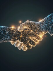 Poster - Digital handshake with interconnected lines representing cybersecurity, technology collaboration, and futuristic partnerships.
