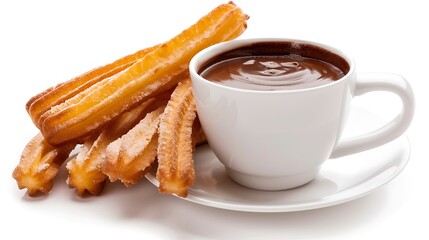 Spanish churros with a cup of thick hot chocolate for dipping, sweet and indulgent, isolated on a white background