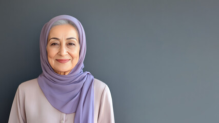 Senior Arabian woman wearing purple dress smile isolated on gray background