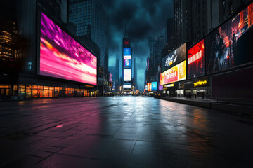 Futuristic billboard on a night city scene in powerful contrasting colors. Conceptual image on the future of the advertising industry.