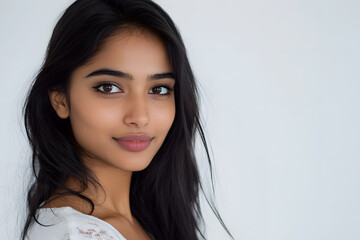 Poster - Close up Beautiful Indian woman portrait isolated on white. Skin care beauty treatments concept