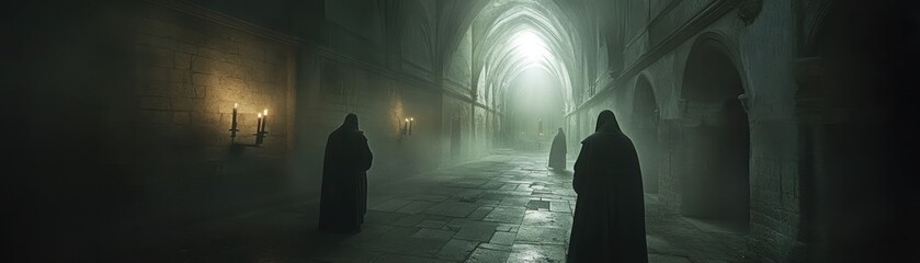 Wall Mural - ghostly monks walking through an abandoned abbey, candlelight flickering, legends, ancient and myste