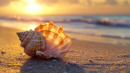 Wall Mural -  Sunset illuminating a large seashell on the beach.