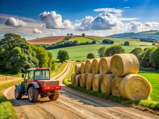 rural english landscape at harvest time, tractor towing trailer of large round straw bales, car pass