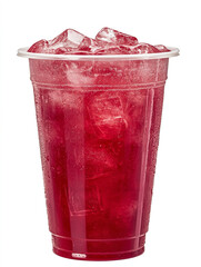 iced red drink in a plastic cup, white background, cut-out