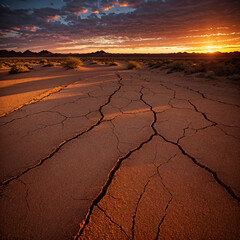 Dramatic sunset over cracked earth. Desert landscape background.