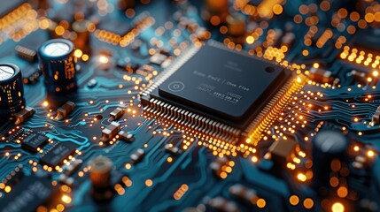 Leinwandbilder - A close up of an advanced chip on the circuit board, showcasing its intricate design and high-tech features. The blue background creates contrast with warm lighting. Generative AI.