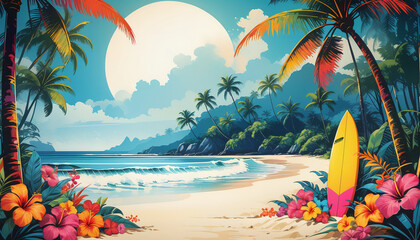 illustrative color illustration of a surfboard on a beautiful beach with perfect waves in surfers paradise