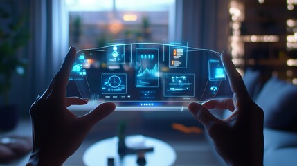 Poster - Person using a futuristic holographic display in a modern living room at night