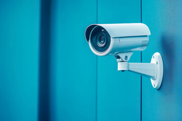 A modern security camera mounted on a blue wall, showcasing technology for surveillance and safety in contemporary environments.