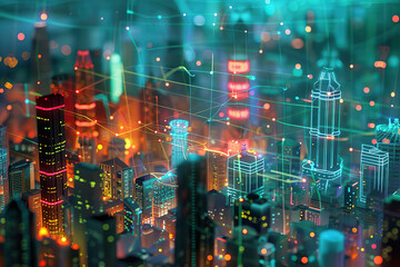 Sticker - A cityscape with a network of lights and buildings, generative ai image.