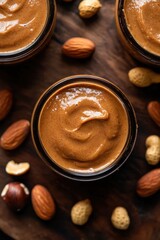 Wall Mural - Topdown view of peanut butter jars on wooden table surrounded by nuts