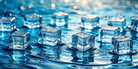 Transparent ice cubes float in refreshing water, creating a calming background texture that evokes feelings of cool rejuvenation and revitalization, perfect for summer drinks and relaxation.