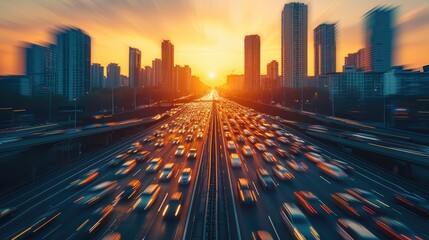 Poster - Urban traffic on high-speed roads, skyscrapers, sunset during rush hour, car traffic, blurring during long exposure of the entire background. Generative AI.