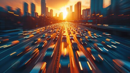 Poster - Urban traffic on high-speed roads, skyscrapers, sunset during rush hour, car traffic, blurring during long exposure of the entire background. Generative AI.