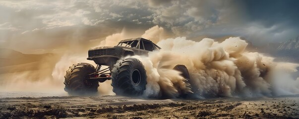 Off-Road Monster Truck Kicking Up Dust in Desert Landscape