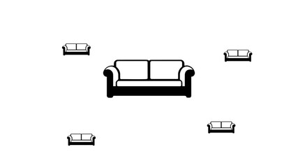 Poster - Zoom in and out animation the sofa symbol. Large black symbol in the center and four small symbols around. Seamless looped 4k animation on white background