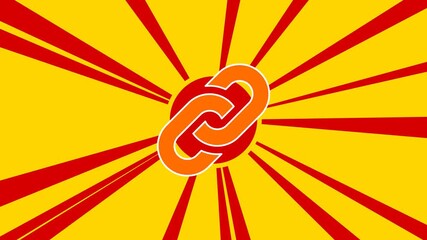 Poster - Chain symbol on the background of animation from moving rays of the sun. Large orange symbol increases slightly. Seamless looped 4k animation on yellow background