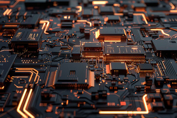 Poster - A close up of a computer chip with a bright orange glow, generative ai image.