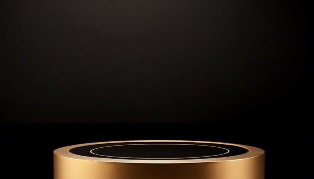 Luxury black with glossy shiny gold rim round winner podium on background with spotlight. Mock up template for product presentation. 3D rendering. copy text space1