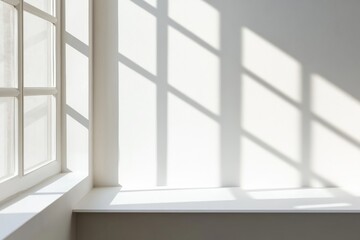 Poster - soft shadows fall across a plain white wall from a minimalist window frame, creating a calm atmosphe