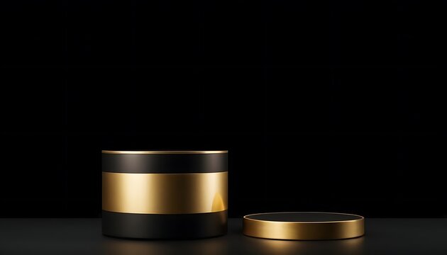 Luxury black with glossy shiny gold rim round winner podium on background with spotlight. Mock up template for product presentation. 3D rendering. copy text space4