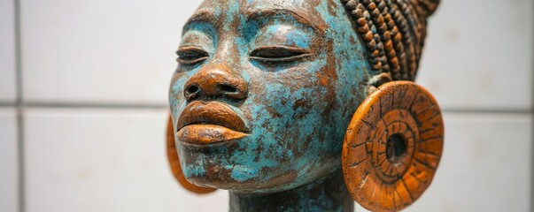 African woman's sculpture with large earrings in museum display