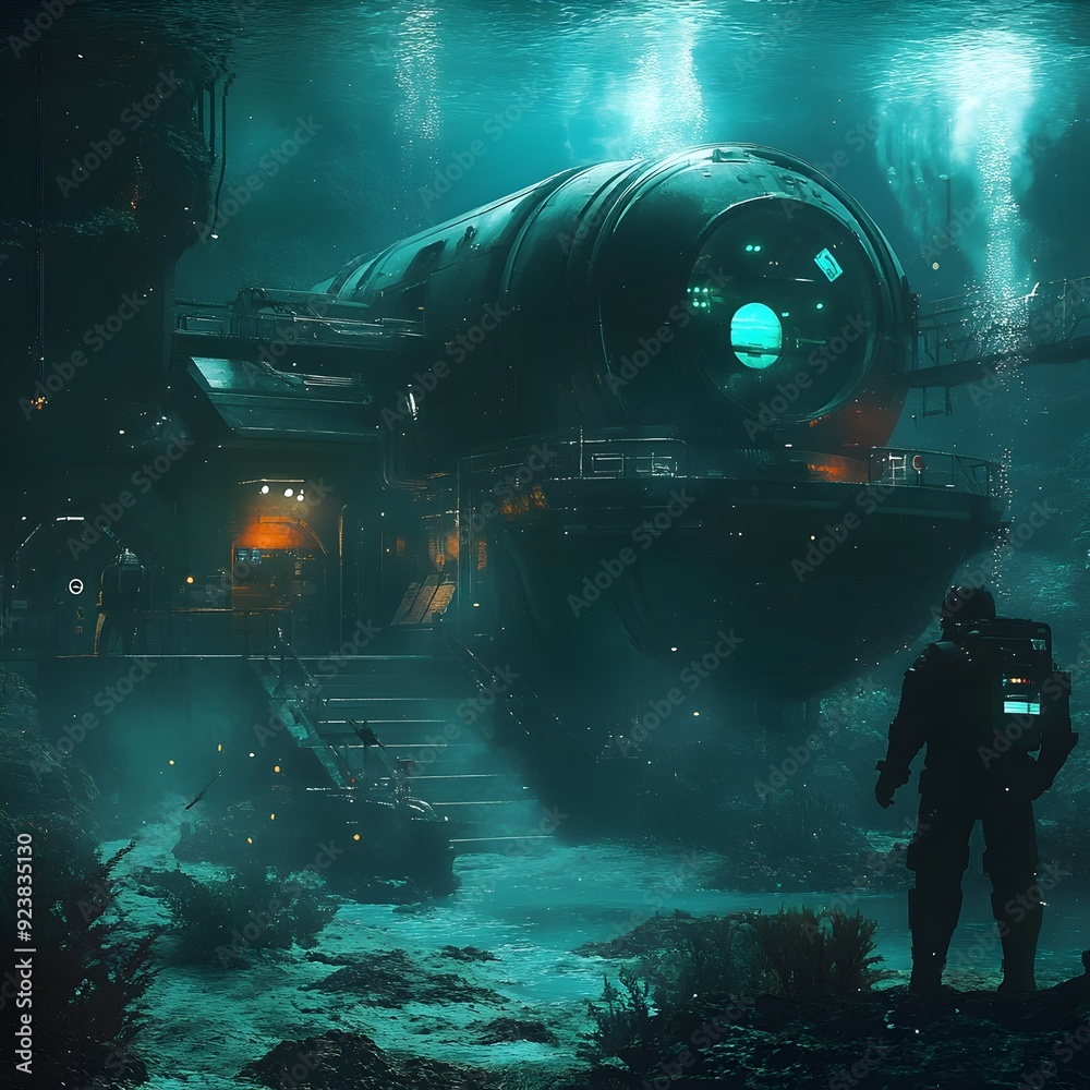 Retro Futuristic Underwater Research Station with Gleaming Submersibles ...