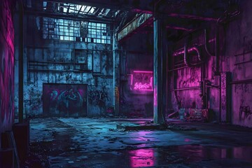 Gritty Dystopian Warehouse Interior with Neon Expressionist Lighting and Graffiti Covered Surfaces