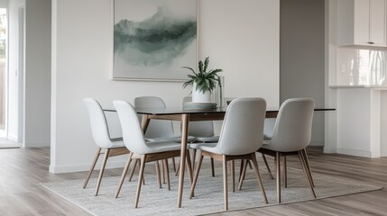 A tastefully decorated dining room features a sleek black table surrounded by white chairs, with a potted plant as a centerpiece and modern abstract art on the wall, hinting at a stylish and welcomin