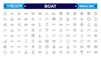 Boat outline icon set. Yacht, icon set. yachts motor boats, linear icons. Boat Icon Vector Illustration.  Editable stroke outline icon. 