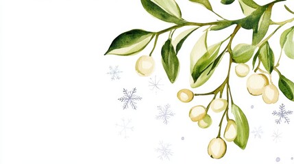 Wall Mural - Watercolor Mistletoe and Snowflakes Festive Winter Background