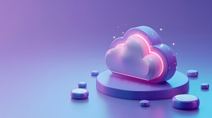 Poster - 3d illustration of a glowing cloud icon on a platform with surrounding dots, symbolizing cloud compu