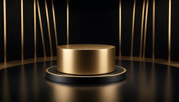 Luxury black with glossy shiny gold rim round winner podium on background with spotlight. Mock up template for product presentation. 3D rendering. copy text space