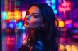 © Elmira - A stylish brunette in a chic outfit stands confidently against a lively city backdrop, illuminated by vibrant neon lights at night