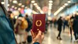 © Irina Ukrainets - A traveler holds a passport in a busy airport. The scene is dynamic and full of life. This image presents the essence of travel and adventure for those seeking new experiences. AI