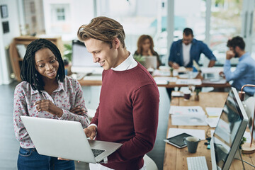 Poster - Employees, talking and laptop for editing in office, manager helping and internship advice. Staff, public relations agency and review discussion on press release, teamwork and publicity coverage