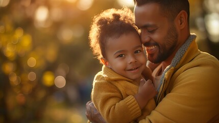 Father and child sharing a joyful hug in a sunlit autumn park, radiating warmth and affection.