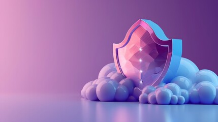Poster - abstract 3d render of a shiny shield surrounded by clouds on a pastel background symbolizing data se