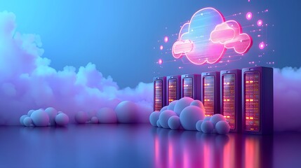 Poster - Cloud computing servers in a futuristic data center with neon lights and clouds, symbolizing modern technology infrastructure.