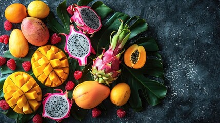 Poster - Flat lay of tropical fruits, mangoes, papayas, and dragon fruits on a black marble surface. top view. Generative AI.