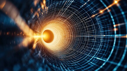 Poster - A tunnel of blue and orange lines with a yellow dot in the middle. The image is abstract and has a futuristic feel to it