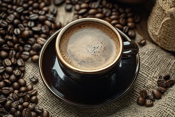 Wall Mural - A steaming hot cup of black coffee served in a dark ceramic cup, surrounded by roasted coffee beans on a rustic burlap background.