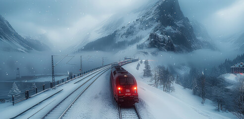 Aufkleber - Train through icy mountain, snow storm. Generative AI.