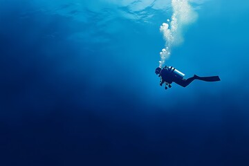 Scuba diver exploring the deep blue ocean, surrounded by tranquil water and bubbles rising to the surface.