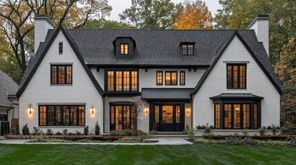 Poster - A white brick house with a black roof and windows, a black door, and a manicured lawn in front.