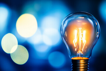 Energy Efficiency. Renewable energy. Wireless electric light bulb glowing against a blue bokeh background. 