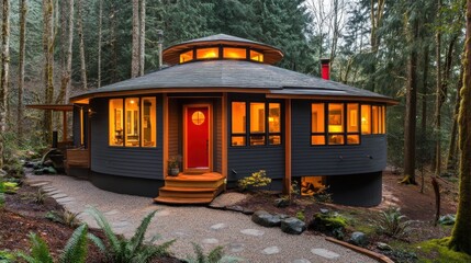 Wall Mural - A round house with a red door and windows lit up at night, nestled in a forest.