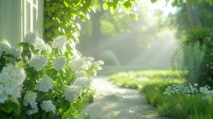 Wall Mural - A garden with white flowers and a path